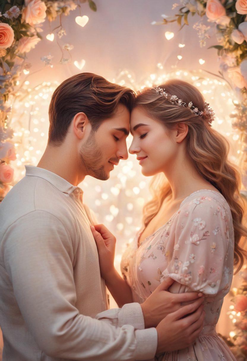 A cozy, softly-lit scene depicting a couple sharing a tender moment, surrounded by delicate illustrations of hearts and light floral accents. Their expressions convey deep intimacy, with pastel colors enhancing the warmth of the setting. Include subtle digital elements like pixelated edges to suggest a blend of traditional art and digital creativity. romantic, vibrant colors, soft focus.