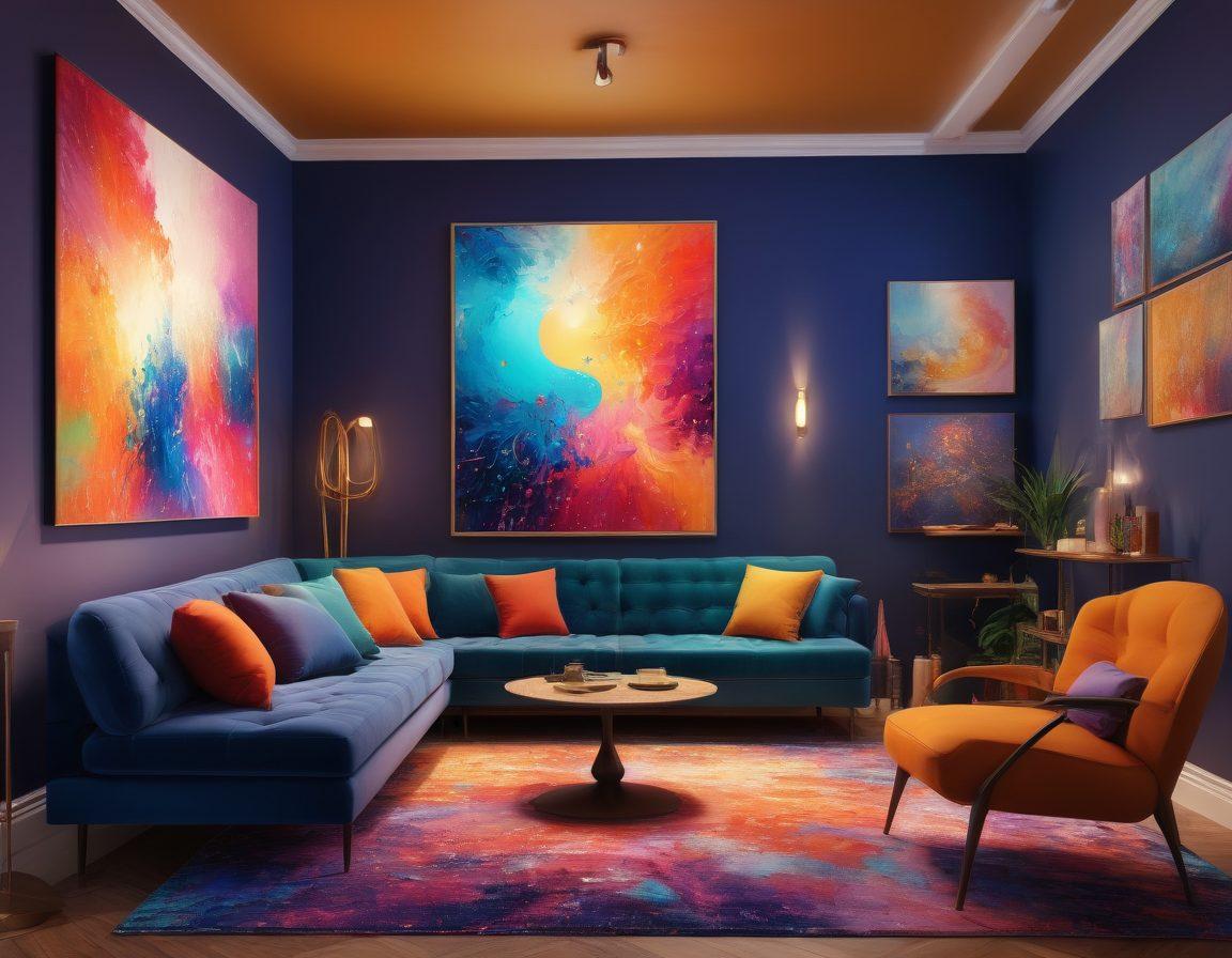 A whimsical scene filled with vivid, colorful digital art pieces displayed in an enchanting gallery. Each artwork embodies themes of intimacy and passion, featuring abstract shapes and flowing patterns. Soft, warm lighting enhances the joyful atmosphere, inviting viewers to explore the depths of creativity. Elements like paint splashes and glowing pixels accentuate the digital essence. Include a cozy seating area for viewers to enjoy the art. vibrant colors. super-realistic. enchanting ambiance.