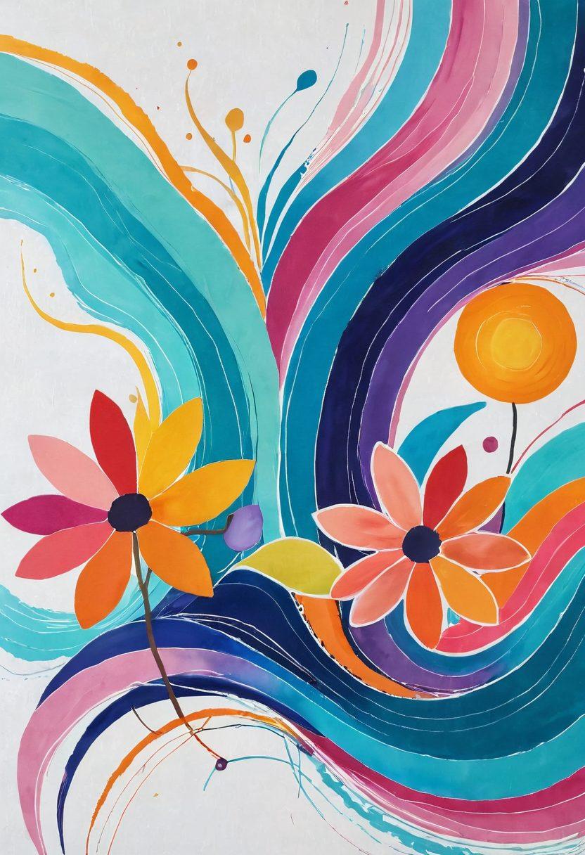 A vibrant and whimsical graphic art piece featuring abstract shapes and soft colors that evoke a sense of bliss and sensuality. Include elements like flowing lines, playful textures, and hints of nature, such as flowers and gentle waves, to create a feeling of warmth and joy. The canvas should be filled with bursts of color that dance together harmoniously, inviting the viewer to explore the depths of creativity. super-realistic. vibrant colors. white background.
